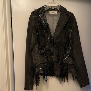 Embellished Black Blazer with Fringe Details